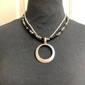 Necklace, Black and Silver beaded necklace with circle accent piece